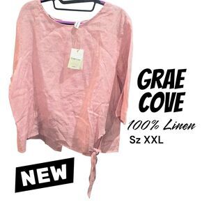 Grae Cove NWT XXL 100% Linen Pink ¾ Sleeve Tie Front Waist Button Back Blouse